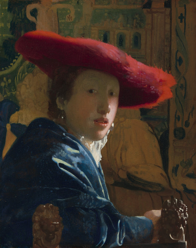 Girl with a Red Hat by Vermeer: a young woman in a blue wrap and a wide red hat turning to look over her shoulder