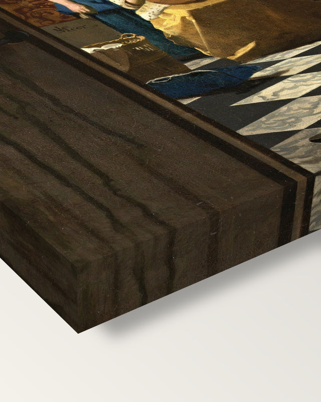 The Love Letter by Johannes Vermeer on stretched canvas, corner close-up: the painting mirror-wrapped round the sides