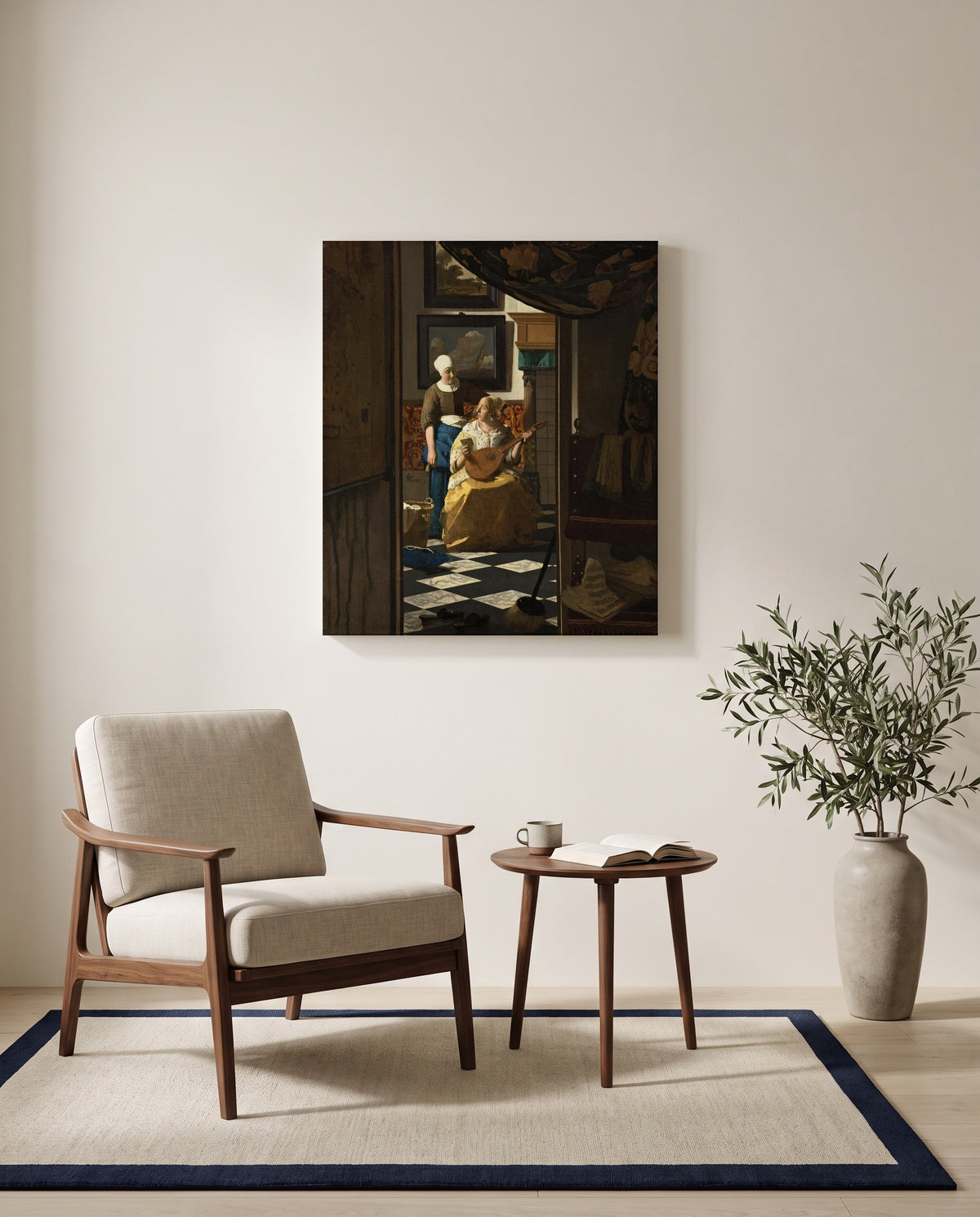 The Love Letter by Johannes Vermeer as a stretched canvas above a linen lounge chair in a reading corner