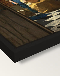 The Love Letter by Johannes Vermeer framed canvas, corner close-up: a black floating frame with a shadow gap round the canvas