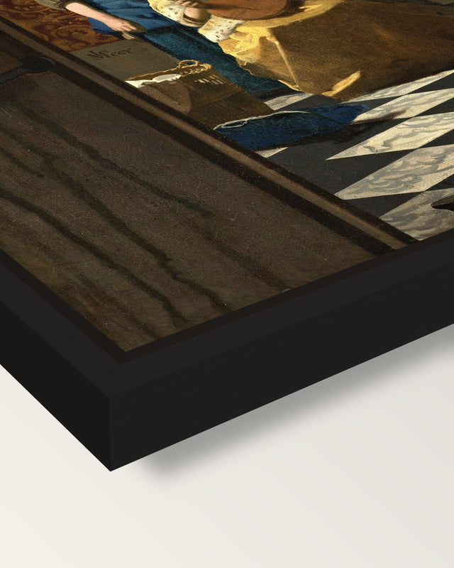 The Love Letter by Johannes Vermeer framed canvas, corner close-up: a black floating frame with a shadow gap round the canvas
