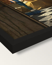 The Love Letter by Johannes Vermeer framed print, corner close-up: black moulding, mitred, the print set just below its edge