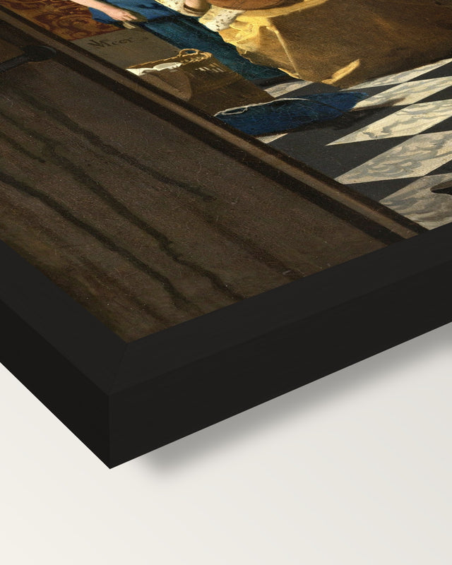 The Love Letter by Johannes Vermeer framed print, corner close-up: black moulding, mitred, the print set just below its edge