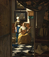 The Love Letter by Johannes Vermeer: a lady in gold with a lute and her maid, seen through a doorway, a checked floor