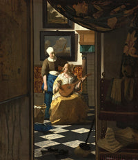 The Love Letter by Johannes Vermeer: a lady in gold with a lute and her maid, seen through a doorway, a checked floor
