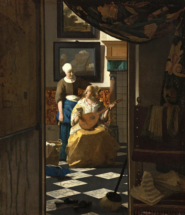 The Love Letter by Johannes Vermeer: a lady in gold with a lute and her maid, seen through a doorway, a checked floor