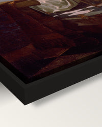 The Concert framed canvas, corner close-up: the canvas in a slim black floating frame, its painted edge in the shadow gap