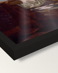 The Concert by Johannes Vermeer framed print, corner close-up: black moulding, edge to edge under plexiglass, no mat