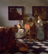 The Concert by Vermeer: a woman at a harpsichord, a lute player seen from behind and a singer, two paintings on the wall
