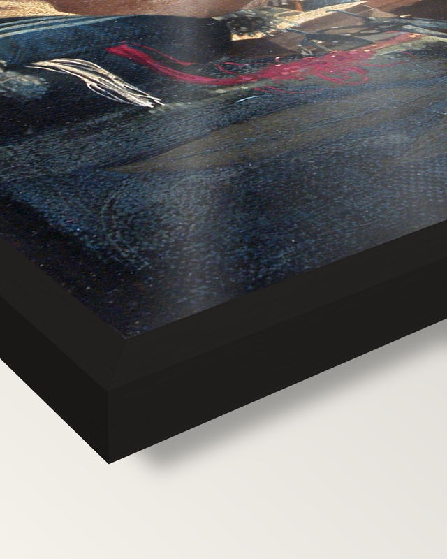 The Lacemaker by Johannes Vermeer framed print, corner close-up: black moulding, edge to edge under plexiglass, no mat