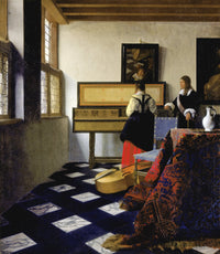 The Music Lesson by Vermeer: a woman at a virginal with her back to us, a man beside her, a rug and a white jug in front