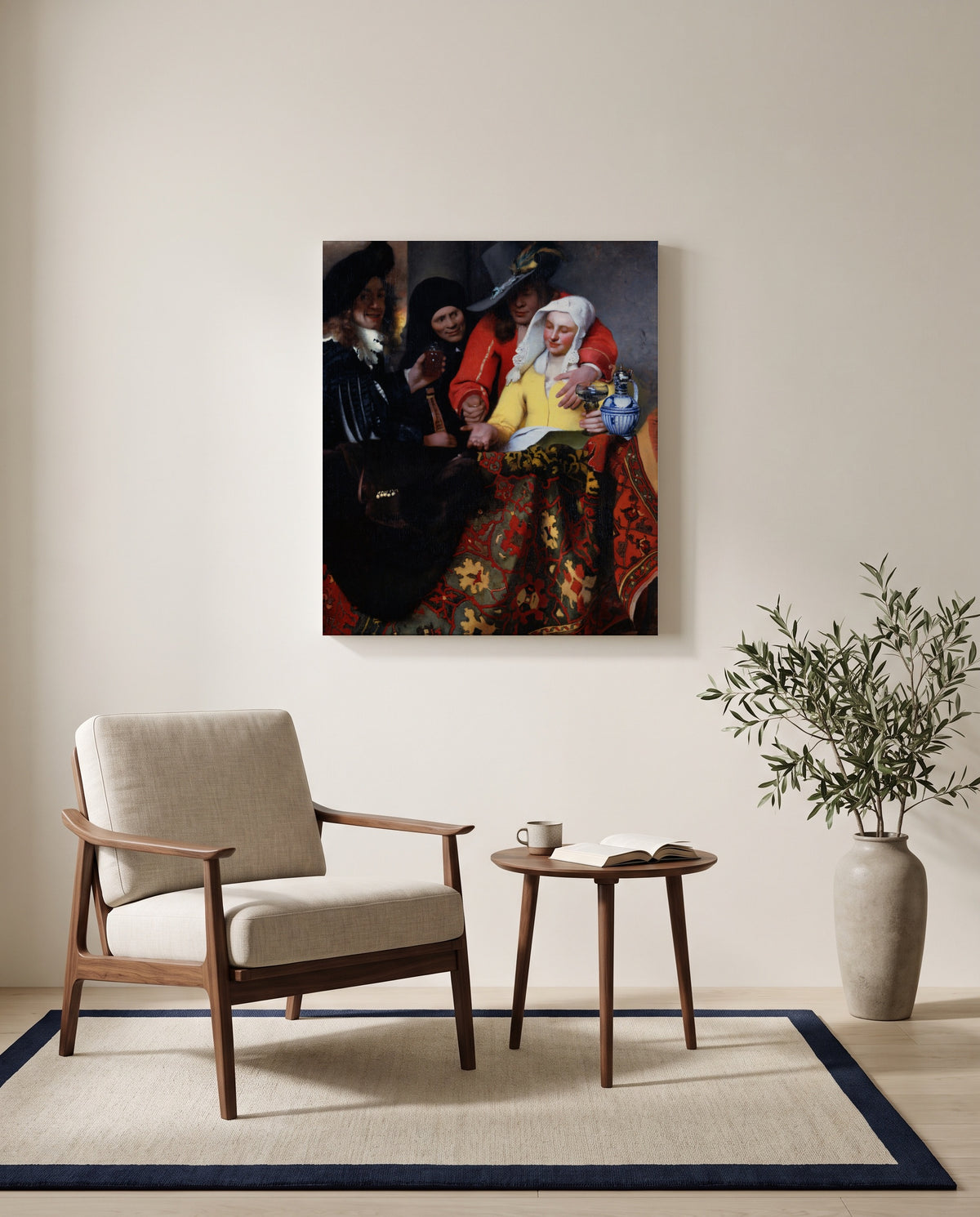 The Procuress by Johannes Vermeer as a stretched canvas above a linen lounge chair in a reading corner