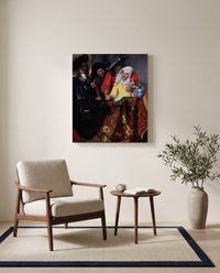 The Procuress by Johannes Vermeer as a stretched canvas above a linen lounge chair in a reading corner