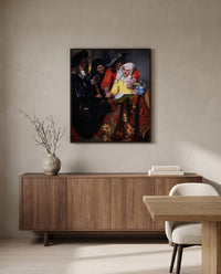 The Procuress by Johannes Vermeer in a black frame above a walnut sideboard in a dining room