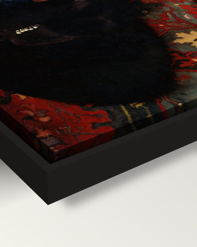 The Procuress framed canvas, corner close-up: the canvas in a slim black floating frame, its painted edge in the shadow gap