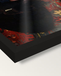 The Procuress by Johannes Vermeer framed print, corner close-up: black moulding, edge to edge under plexiglass, no mat