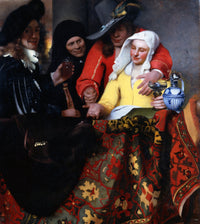 The Procuress by Vermeer: a soldier in red, a young woman in yellow with a glass, an old woman and a smiling man over a rug