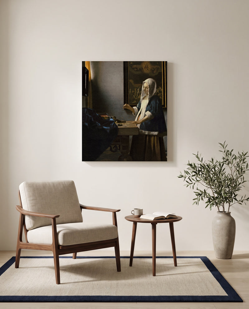 Woman Holding a Balance by Johannes Vermeer as a stretched canvas above a linen lounge chair in a reading corner