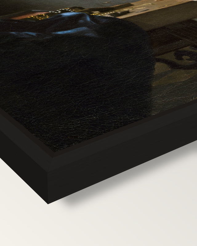 Woman Holding a Balance by Vermeer framed canvas, corner close-up: a black floating frame with a shadow gap round the canvas