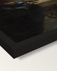 Woman Holding a Balance by Vermeer framed print, corner close-up: black moulding, mitred, the print set just below its edge