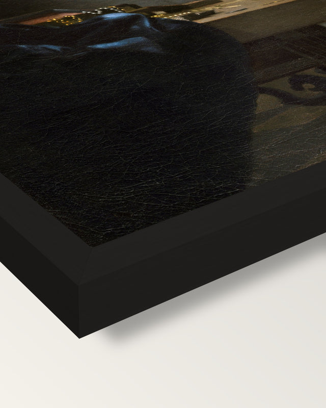 Woman Holding a Balance by Vermeer framed print, corner close-up: black moulding, mitred, the print set just below its edge