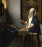 Woman Holding a Balance by Johannes Vermeer: a woman in a blue jacket holding a small balance over a table of pearls