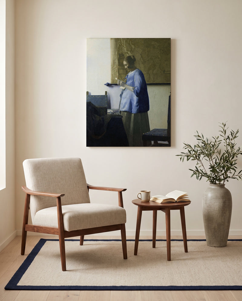 Woman in Blue Reading a Letter by Johannes Vermeer as a stretched canvas above a linen lounge chair in a reading corner