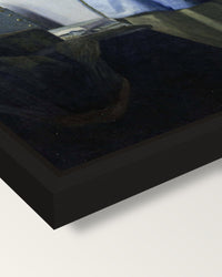 Woman in Blue Reading a Letter framed canvas, corner close-up: a black floating frame with a shadow gap round the canvas