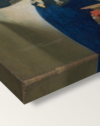 Woman with a Water Pitcher by Vermeer on stretched canvas, corner close-up: the painting mirror-wrapped round the sides