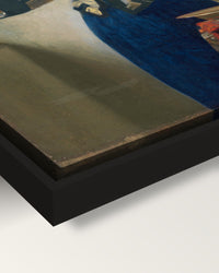 Woman with a Water Pitcher by Vermeer framed canvas, corner close-up: black floating frame, painted edge in the shadow gap