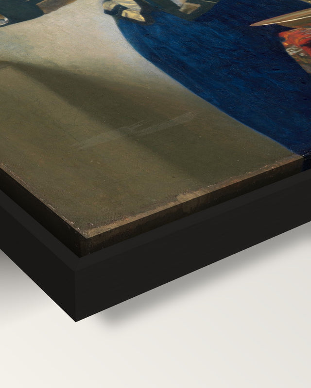 Woman with a Water Pitcher by Vermeer framed canvas, corner close-up: black floating frame, painted edge in the shadow gap