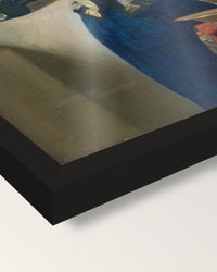 Woman with a Water Pitcher by Johannes Vermeer framed print, corner close-up: black moulding, edge to edge, no mat