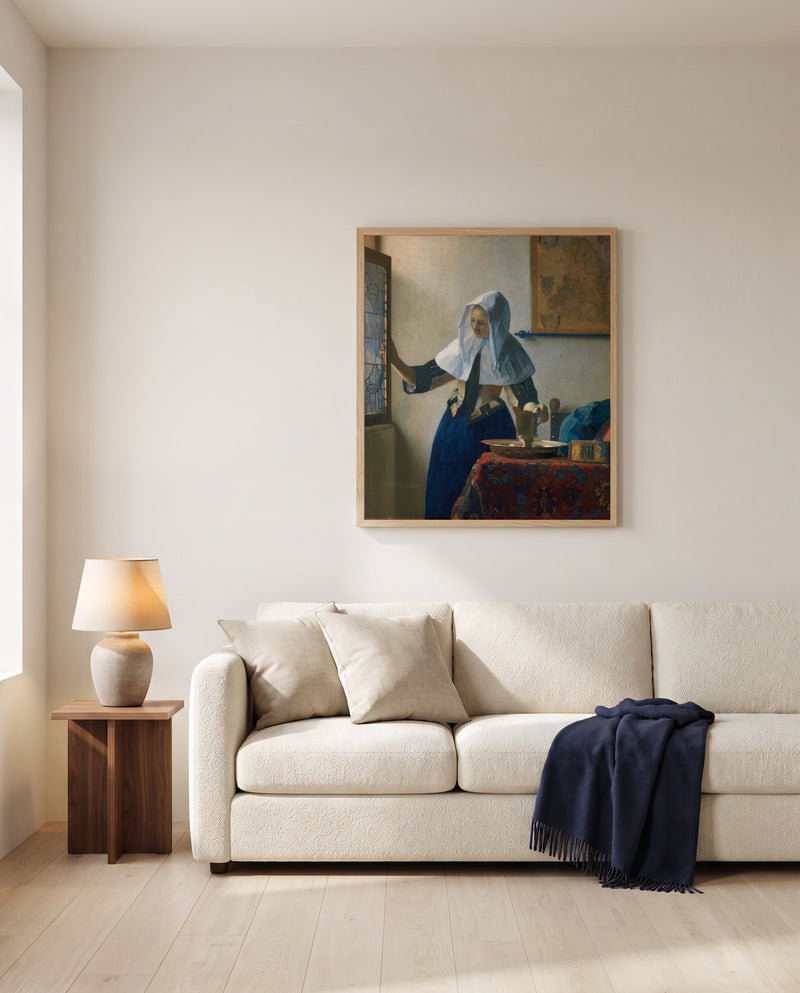 Woman with a Water Pitcher by Johannes Vermeer framed in natural oak above a cream sofa in a warm living room