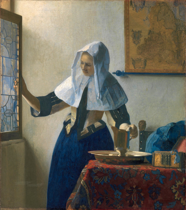 Young Woman with a Water Pitcher by Vermeer: a woman in a white headcloth opens a window, one hand on a jug, a map behind