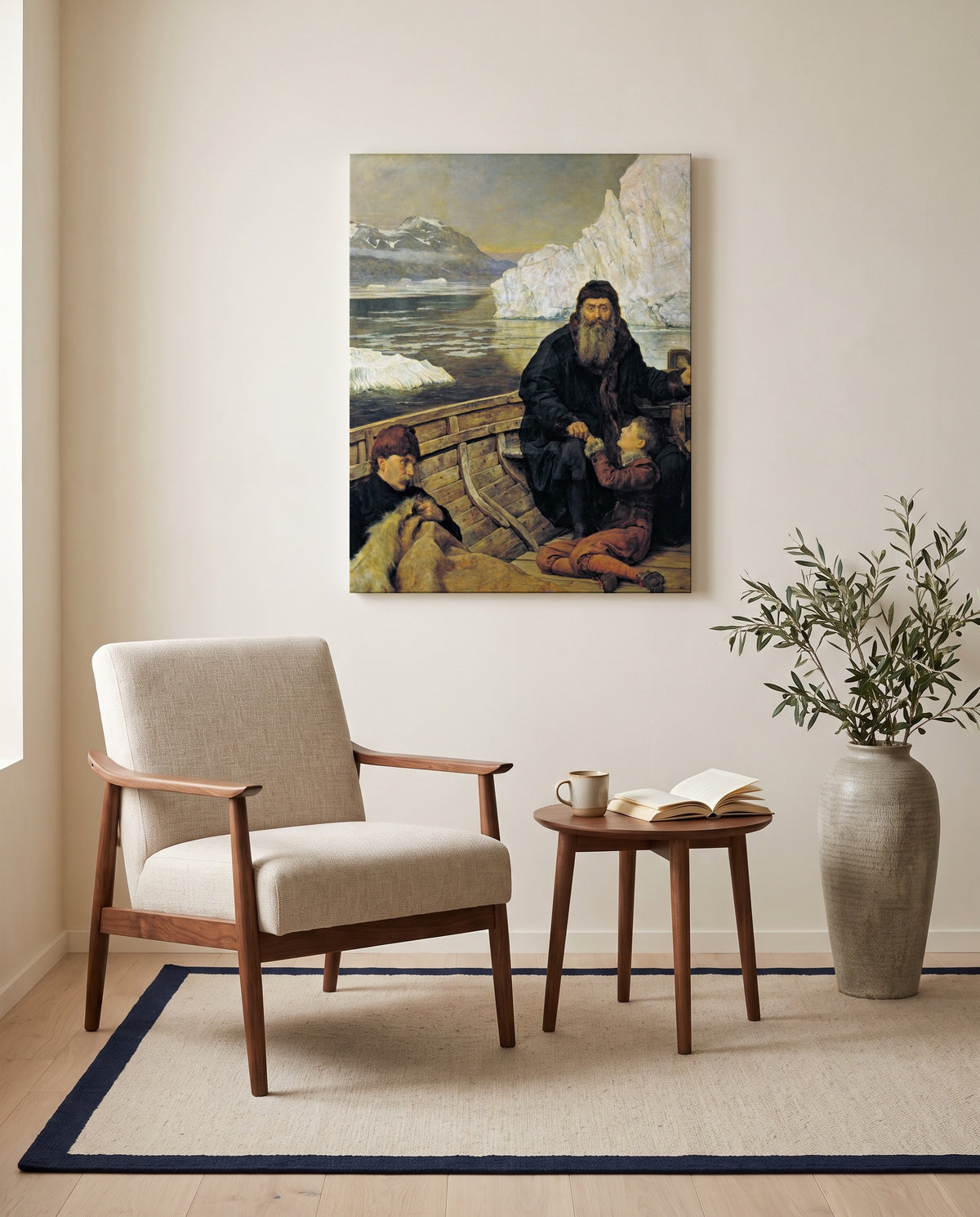 Last Voyage of Henry Hudson by John Collier as a stretched canvas above a linen lounge chair in a reading corner