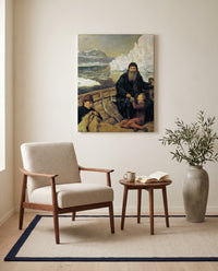 Last Voyage of Henry Hudson by John Collier as a stretched canvas above a linen lounge chair in a reading corner