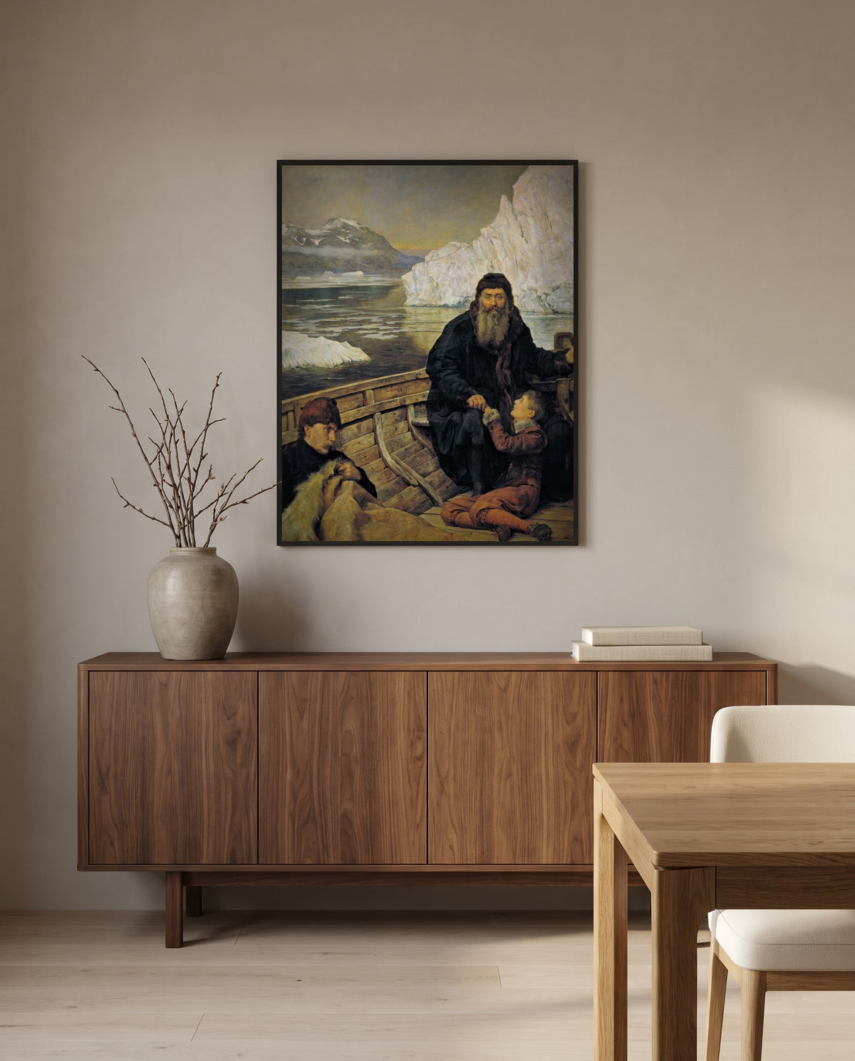 Last Voyage of Henry Hudson by John Collier in a black frame above a walnut sideboard in a dining room