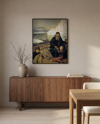 Last Voyage of Henry Hudson by John Collier in a black frame above a walnut sideboard in a dining room