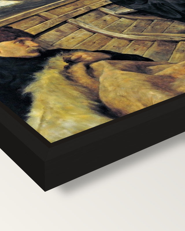 Last Voyage of Henry Hudson framed canvas, corner close-up: a black floating frame with a shadow gap round the canvas