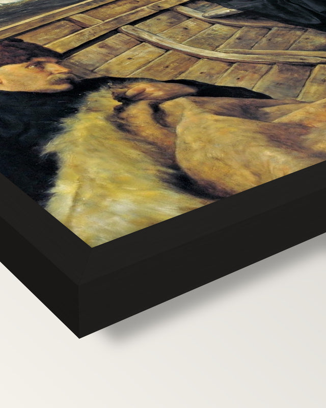 Last Voyage of Henry Hudson framed print, corner close-up: black moulding, mitred, the print set just below its edge