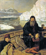 The Last Voyage of Henry Hudson by John Collier: a grey-bearded man in black at a boat’s tiller, a boy at his feet, icebergs