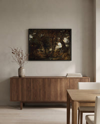 Dell at Helmingham Park by John Constable in a black frame above a walnut sideboard in a dining room