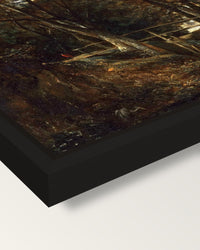 Dell at Helmingham Park framed canvas, corner close-up: a black floating frame with a shadow gap round the canvas