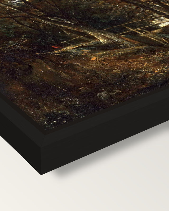 Dell at Helmingham Park framed canvas, corner close-up: a black floating frame with a shadow gap round the canvas