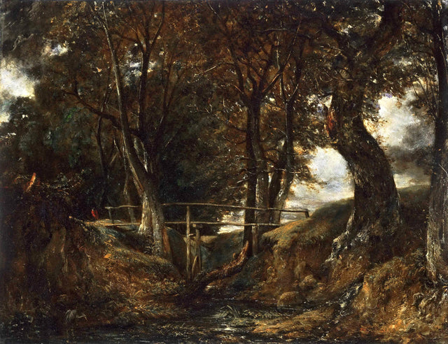 Dell at Helmingham Park by Constable: a dark wooded dell with tall trees and a small wooden footbridge over a stream