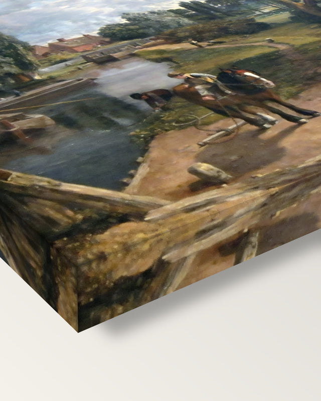 Flatford Mill by John Constable on stretched canvas, corner close-up: the painting mirror-wrapped round the sides