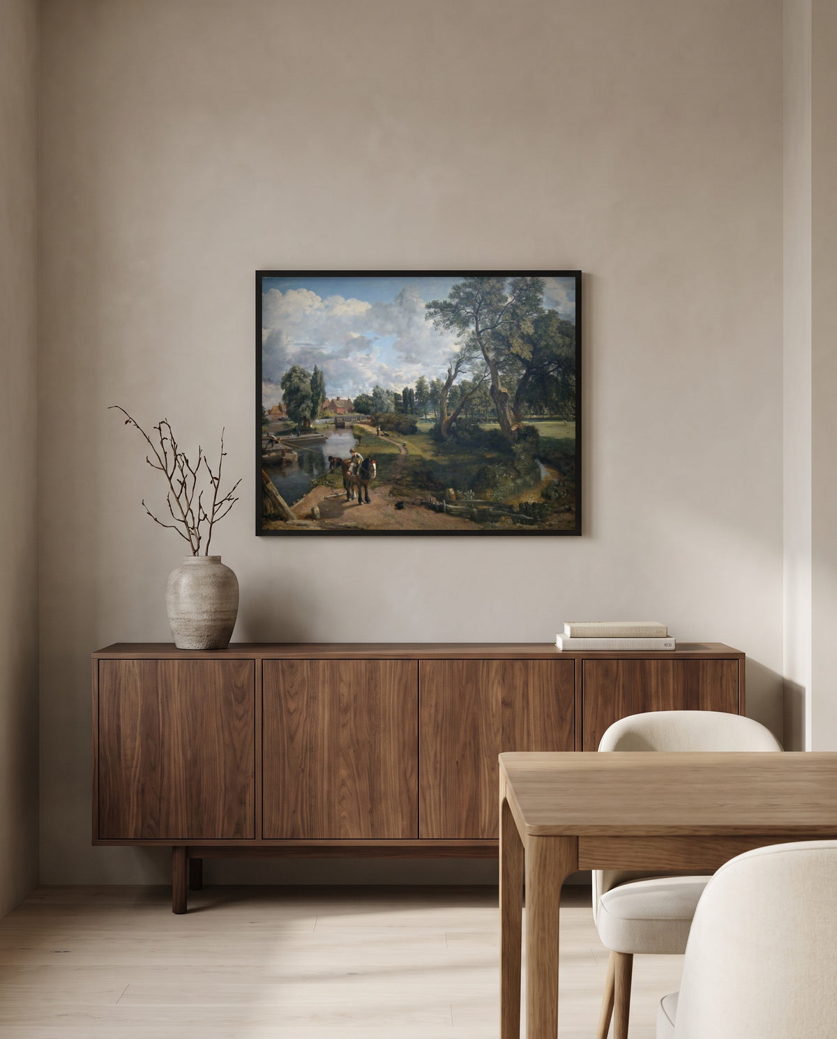 Flatford Mill by John Constable in a black frame above a walnut sideboard in a dining room