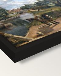Flatford Mill by John Constable framed canvas, corner close-up: a black floating frame with a shadow gap round the canvas
