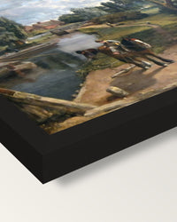 Flatford Mill by John Constable framed print, corner close-up: black moulding, mitred, the print set just below its edge