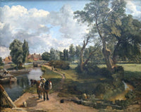 Flatford Mill by Constable: a boy on a horse beside barges on a calm river, tall trees, a mill and fields under clouds